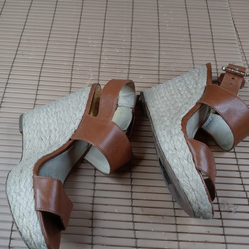 Michael Kors women's brown leather ankle strap wedge platform espadrille. 4
